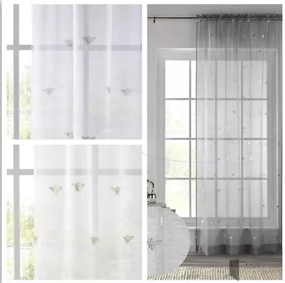 1 Single Metallic BEE Linen Effect Voile Slot Top Header Curtain Panels 3 Colour • £13.99