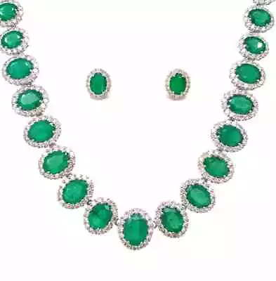 Elegant 35.3ct Emerald & Diamond 14K White Gold Over 16 Necklace & Earrings Sets • $374.99