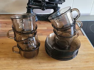 £25 • Buy Vintage French Arcoroc Smoky Brown Glass Coffee Cup Set