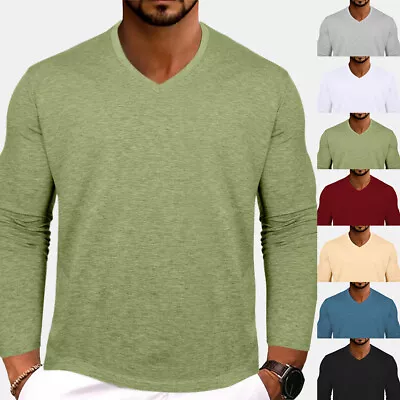 Mens Long Sleeve V-Neck Pullover T Shirts Muscle Slim Fit Casual Gym Tee Tops • $20.29