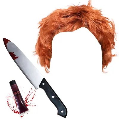 Mens Killer Doll Wig Fake Knife Blood Halloween Costume Kit Adult Horror Outfit • £15.99