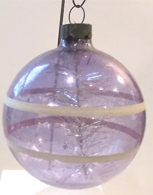 Vtg Shiny Brite Purple Unsilvered Glass Christmas Ornament White Stripe Tinsel  • $30