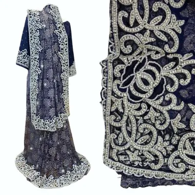 £80 • Buy Pearl Beads Beautiful Navy Blue Designer Lace Net Sari Heavy Stone Work Saree