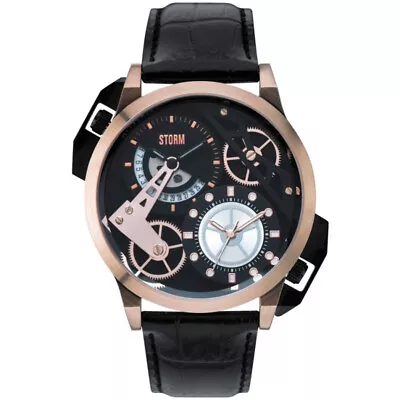 Original Mens Watch STORM DUALON Black Leather Strap Skeleton Dual Time • £139.99