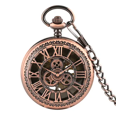 Steampunk Hollow Gear Wheel Design Mechanical Pocket Watches With Chain For Men • £17.99