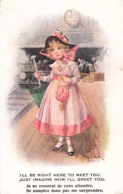 Artist A A Nash - Beautiful Girl Waiting At The Railway Station Pink Dress & Hat • £0.99