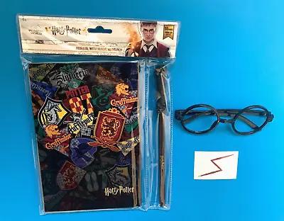 Harry Potter Journal Book & Wand Pen Set Hogwarts School Crest Notebook Glasses • $8.96