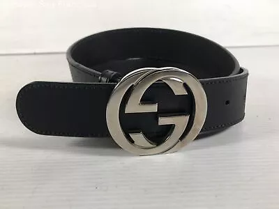 Gucci Mens Black Leather Italy Interlocking G Adjustable Waist Buckle Belt COA • $102.50