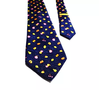 BVLGARI 7-fold Neck Tie Dark Blue 100% Silk Made In Italy Neon Fruits Krawatte • $65