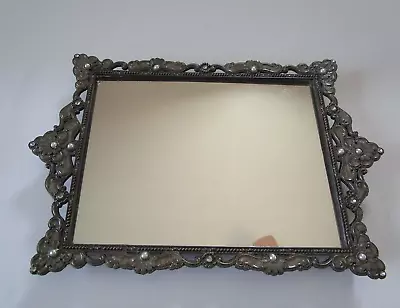 Vintage Mirrored Vanity Dresser Perfume Tray Filigree Pearl Metal Frame • $19.98