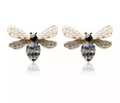 Vintage Antique Gold Tone Rhinestone Pearl Deco Bee Shape Stud Post Earrings • $15.95