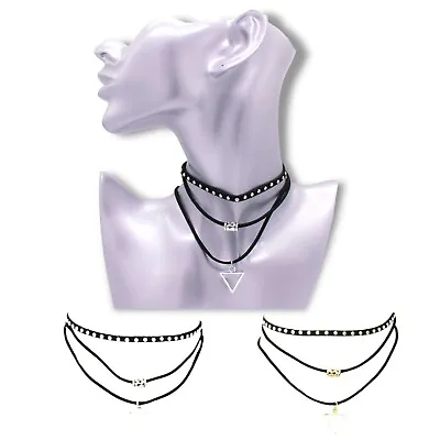 Black Choker Necklace Gold Silver Three Layer Studded Chain Pendant Stud Boho • £4.89