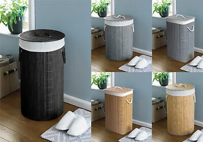 Bamboo Laundry Basket Washing Cloth Storage Bin Folding Hamper Tidy Bag With Lid • £14.95