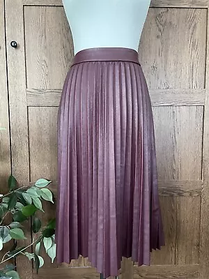 M&S Collection Faux Leather Pleated Skirt UK 12 Midi Length A-Line Dark Claret • £18