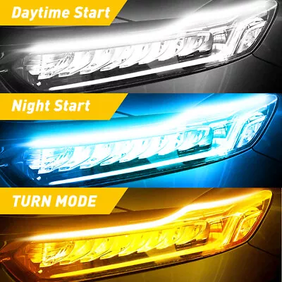 $14.99 • Buy 2pcs LED Headlight DRL Light Sequential Flexible Turn Signal Strip Amber Blue
