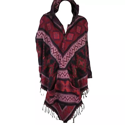 Poncho Button Tassels Hood + Pocket Tribal Design Yak +Sheep Wool Blend 1 Size • $50.40