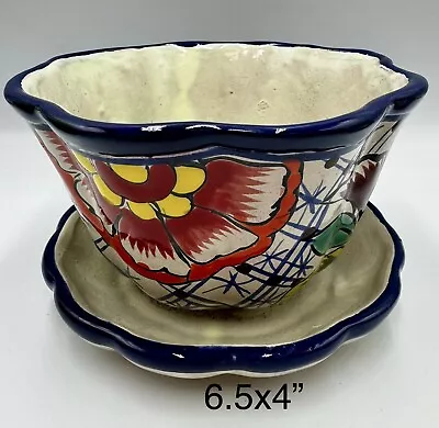 Talavera Planter Pot With Water Plate Multicolored Floral Mexico PotteryFolk Art • $22.40