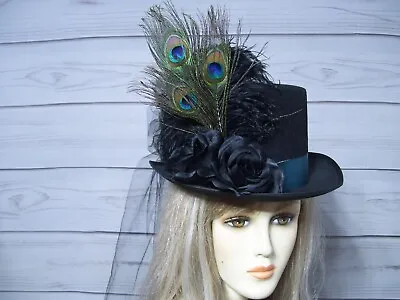 Ladies Black Top Hat Kentucky Derby Top Hat Halloween Mad Hatter Tea Party • $55