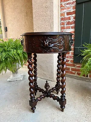 Small Antique French ROUND Center Side TABLE Barley Twist Renaissance Carved Oak • $2450