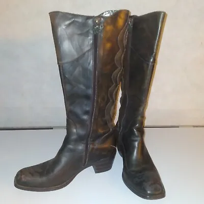 Siren By Mark Nason Rose Design Brown Leather Cowboy Boots Womens 8 Zip Up Heels • $125