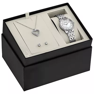 Bulova Womens Quartz Crystal Watch Box Set Pendant Necklace Earrings 30MM 96X138 • $132.99