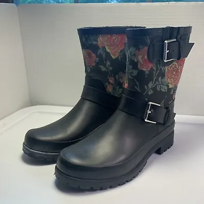 Ralph Lauren RLR Rain Boots Women’s Sz 7 B Mora II Black Floral Wellies Muck • £30.87