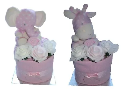 Baby Girl Single Tier Nappy Cake With Pink Elephant Giraffe New Born Baby Gift  • £18.99