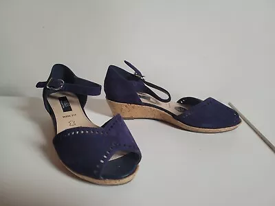 M&S Collection Insolia Navy Blue Suede Leather Sandals Shoes Cork Wedge 4.5 Wide • £12.99