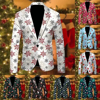 Men Blazer Christmas Printed Long Sleeve One Button Tuxedo Suit Jacket For Party • $36.77