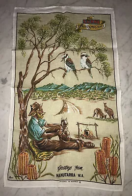 Vintage Linen JOLLY SWAGMAN TEA TOWEL  Nanutarra Western Australia Outback Kooka • $20