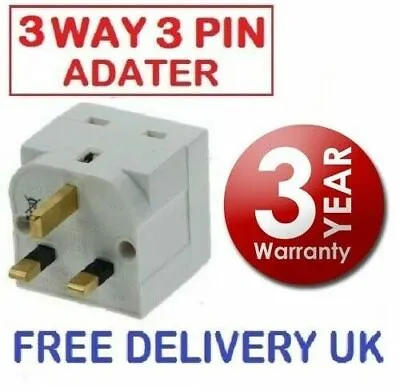 3 Way Mains Socket Adaptor Multi Plug Fused Adapter Uk Three Way 240v 13a P&p • £5.99