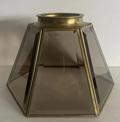 Vintage Brass 6 Panel Beveled Smokey Glass Pendant Replacement Lamp Shade • $19.99