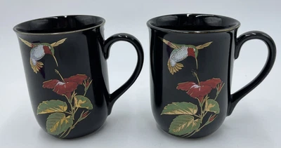 $8 • Buy Set 2 Otagiri Japan Gibson Cards Black Gold Hummingbird Hibiscus Pair Mugs Cups