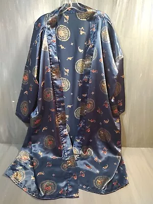 Vintage Blue Print Floral Dragon Kimono Silk Robe One Size • $24