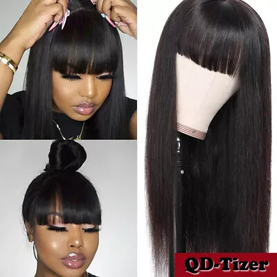 $20.40 • Buy Synthetic Hair Wigs Full Neat Bangs No Lace Wig Heat Resistant Fiber Long Black