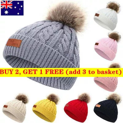 Baby Toddler Kids Warm Knitted Fur Pom Boy Girls Beanie Cap Winter Bobble Hat AU • $14.05