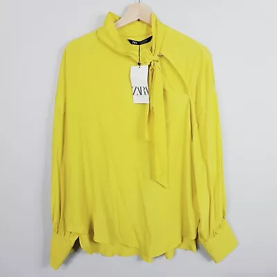 [ ZARA ] Womens Yellow Silk Blend Blouse With Bow NEW + TAGS | Size L Or AU 14 • $65