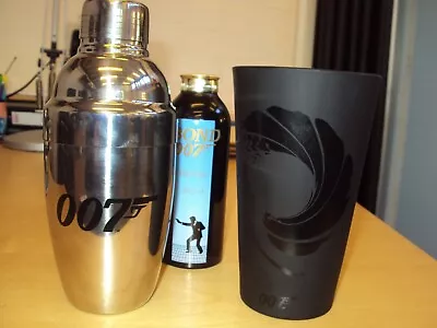 James Bond 007 Memorabilia Stainless Cocktail Shaker + Gun Barrel Beaker + Talc • £18.95