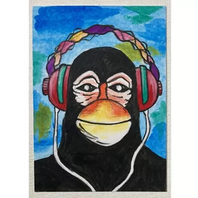 ACEO ORIGINAL PAINTING Mini Art Card Fantasy Animal Monkey Head Headphone Ooak • $9.99