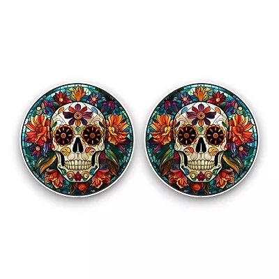 2x Small Mexican Sugar Skull Stained Glass Window Effect Vinyl Sticker Decals • £2.59