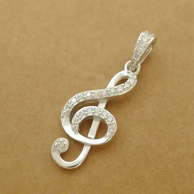 Sterling Silver CZ Music Note G Treble Clef Charm Pendant & Necklace  • $12.65
