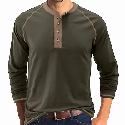 Men  Shirt Long Sleeve 4 Button Pullover Cotton Lightweight Crew-Neck Top • $24.99