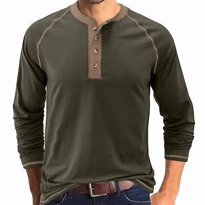 Men's Long Sleeve Henley 4 Button Pullover Cotton T-Shirt Crew Neck • $19.99