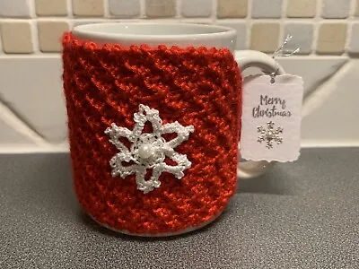 £2.69 • Buy Hand Knitted Red Christmas Mug Cosy With Pretty White Crochet Snowflake