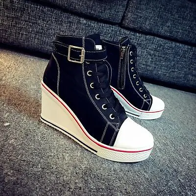 $18.99 • Buy Lady's High Top Wedge Heel Sneakers Women Pumps Lace Up Sport Canvas Shoes New