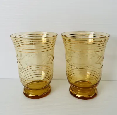 Vintage Amber Glass Drinking Glasses 2x Bar Drinks Retro Etched Gold Detail • $4