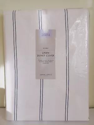 New John Lewis Navy Double Stripe Pure Linen Duvet Cover In White. Size Double • £120