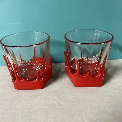 2 Makers Mark Bourbon 8oz Rocks Red Wax Dip Whiskey Glasses Barware! • $29.99