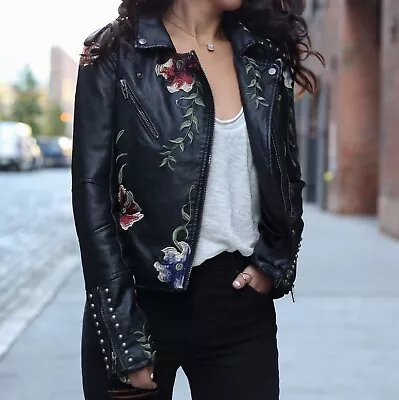 Embroidered Floral Studded Vegan Leather Moto Jacket Womens Size XS • $45