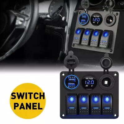 Switch Panel 4 Gang For 12V Car Boat Marine RV Truck Dual USB Blue LED Voltmeter • $28.49